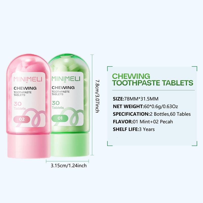 Fresh Chewing Toothpaste Tablets Set, Travel Friendly Toothpaste Tabs,Chewable Toothpaste Tablet,Mint&peach,Travel Mouthwash Tablets,Mint&peach,2 Bottles 60 Tablets