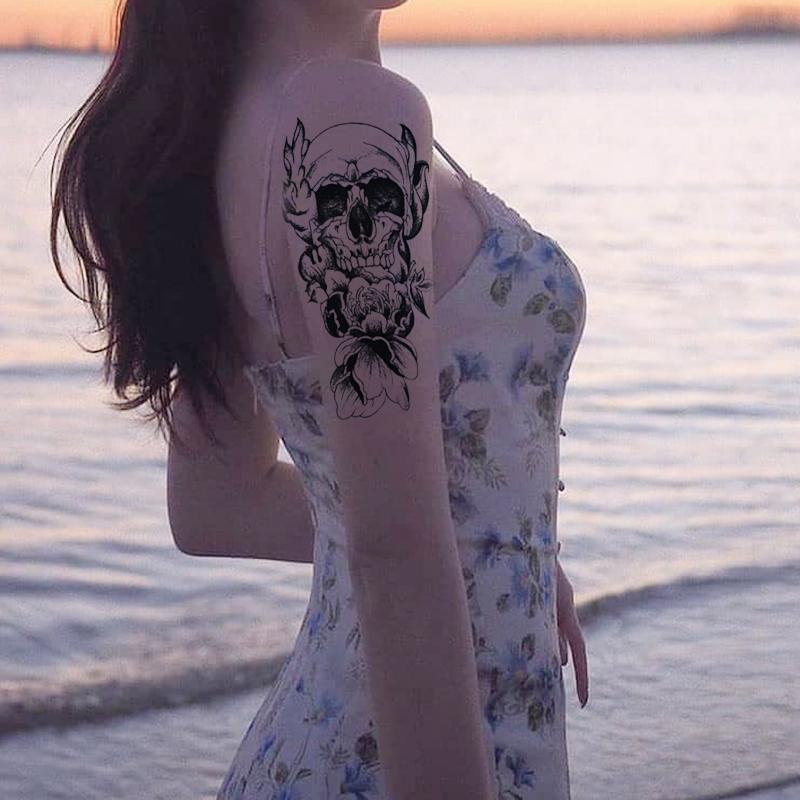 Skull & Flower Pattern Temporary Tattoo Sticker, Half Arm Realistic Tattoo Sticker, Face Paint Body Paint Tattoo Sticker, Body Decoration Tattoo