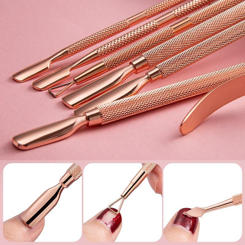 Stainless Steel Cuticle Pusher & Nail Polish Remover, 7 Counts set Dual-ended Manicure & Pedicure Tool, Professional Nail Tools for Home & Salon Use