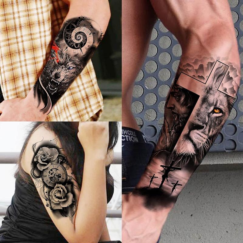 68 Sheets Large Half Arm Sleeve Temporary Tattoos For Men Women Forearm, Tribal Wolf Tiger Lion Owl Skull Temp Halloween Fake Tattoo Stickers Adults, Black Realistic Tattoo Flower Rose Animals