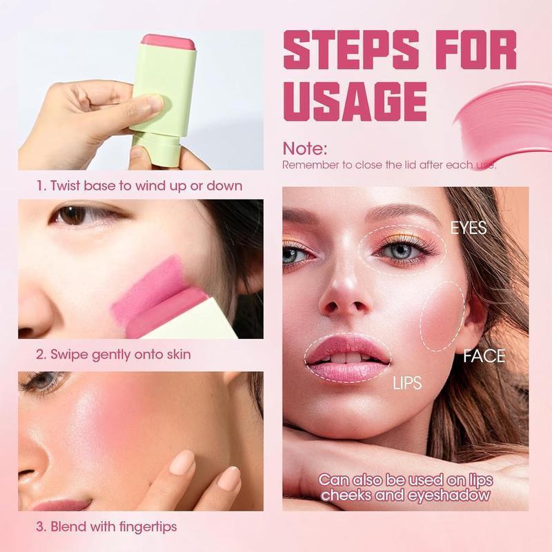 Suitable for eyes, lips, cheeks Creamy Blush Stick,2-in-1 Cream BlushStick,Cheek and Lip Tint,WaterproofHydrating Solid Natural Moisture SmoothBlendable Matte Finish Face BlushMakeup Pink Cosmetic Moisturize blush topper