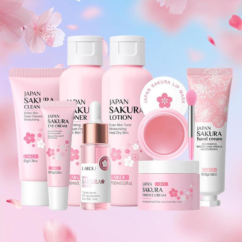 Sakura Facial Care Set (8 Counts set), Cleanser & Eye Cream & Essence & Toner & Lotion & Lip Mask & Face Cream & Hand Cream, Skin Care Kit for Women