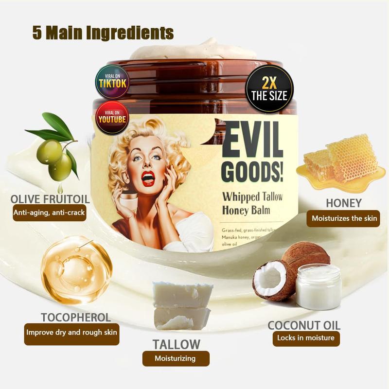 EVILGOODS Whipped Beef Tallow and Manuka Honey Balm, 4oz, Organic Face Cream, Moisturizer, Body Lotion, Skin Care and Lip Balm