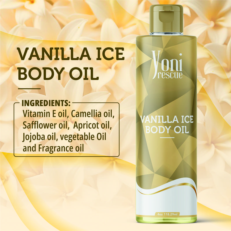 Vanilla Ice Body Oil, 4oz, with Apricot, Jojoba, Avocado Oils & Vitamin E Oil, Fast-Absorbing, Nourishes and Hydrates Skin, Skin Repair, Body Care, Ideal for All Skin Types, Vanilla Fragrance Moisturizer by Yoni Rescue body oil