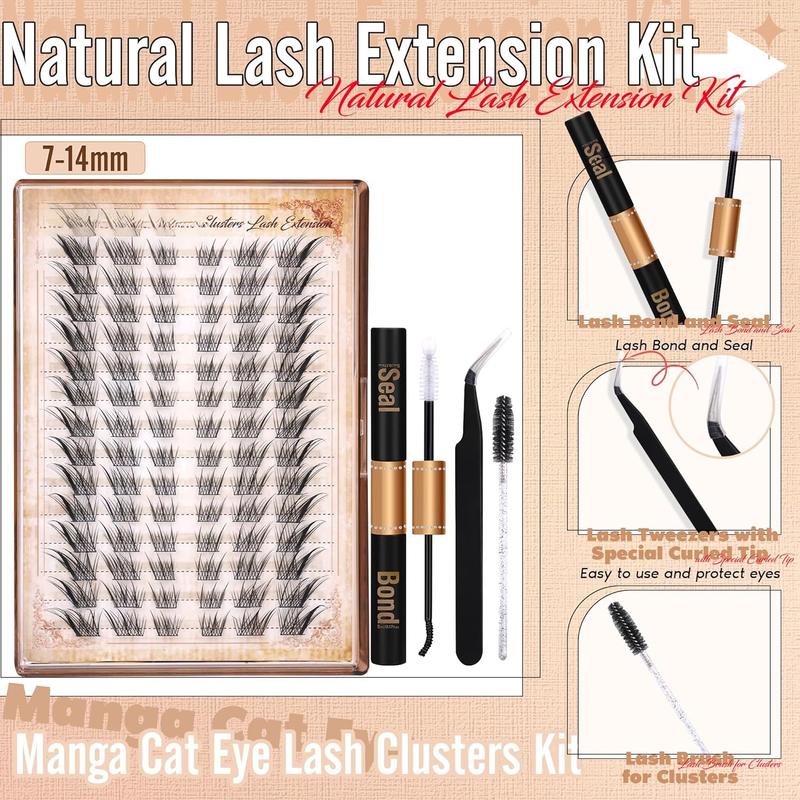 Cat Eye Lash Clusters Kit Natural Eyelash Extension Kit Wispy Lash Clusters Manga Lashes Kit C Curl Cluster Eyelash Extensions Left&Right Eyelash Clusters Kit with Bond and Seal by