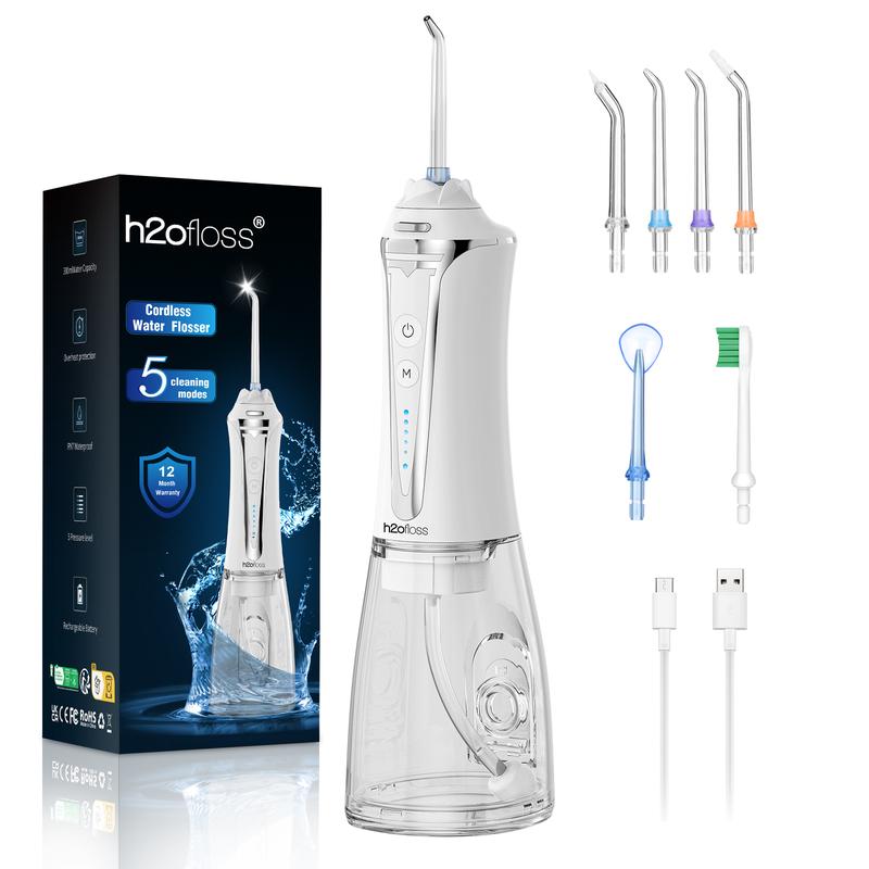 h2ofloss Water Dental Flosser -5 Modes Portable Oral Irrigator Braces Rechargeable & IPX7 Waterproof Teeth Cleaner for Home Travel P11 white