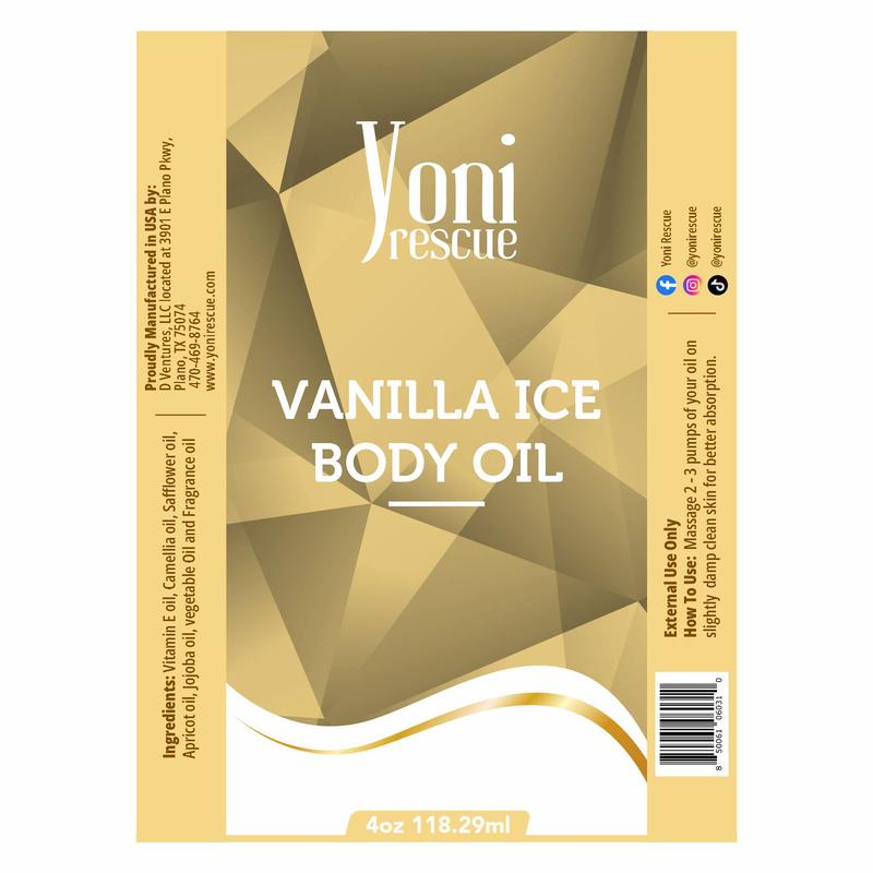 Vanilla Ice Body Oil, 4oz, with Apricot, Jojoba, Avocado Oils & Vitamin E Oil, Fast-Absorbing, Nourishes and Hydrates Skin, Skin Repair, Body Care, Ideal for All Skin Types, Vanilla Fragrance Moisturizer by Yoni Rescue body oil