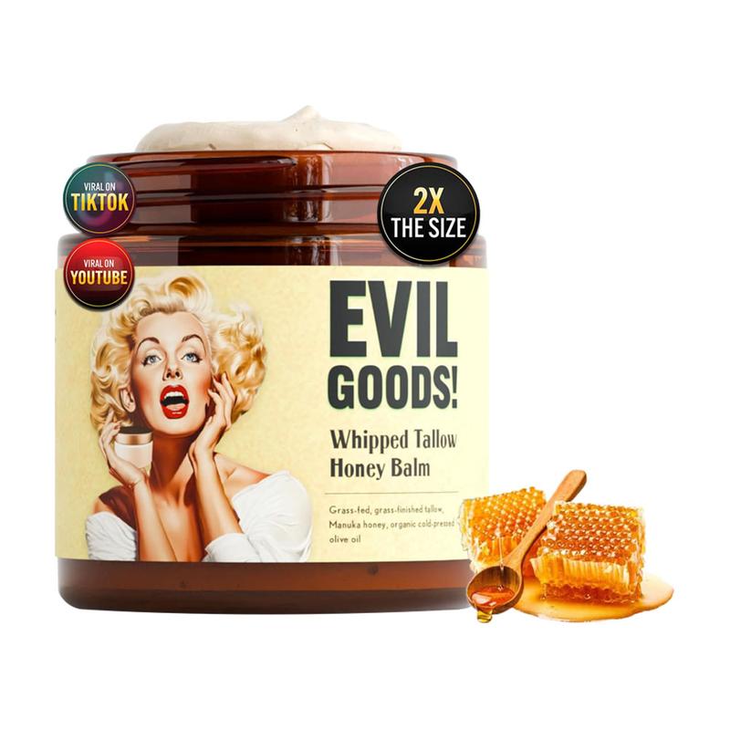 EVILGOODS Whipped Beef Tallow and Manuka Honey Balm, 4oz, Organic Face Cream, Moisturizer, Body Lotion, Skin Care and Lip Balm