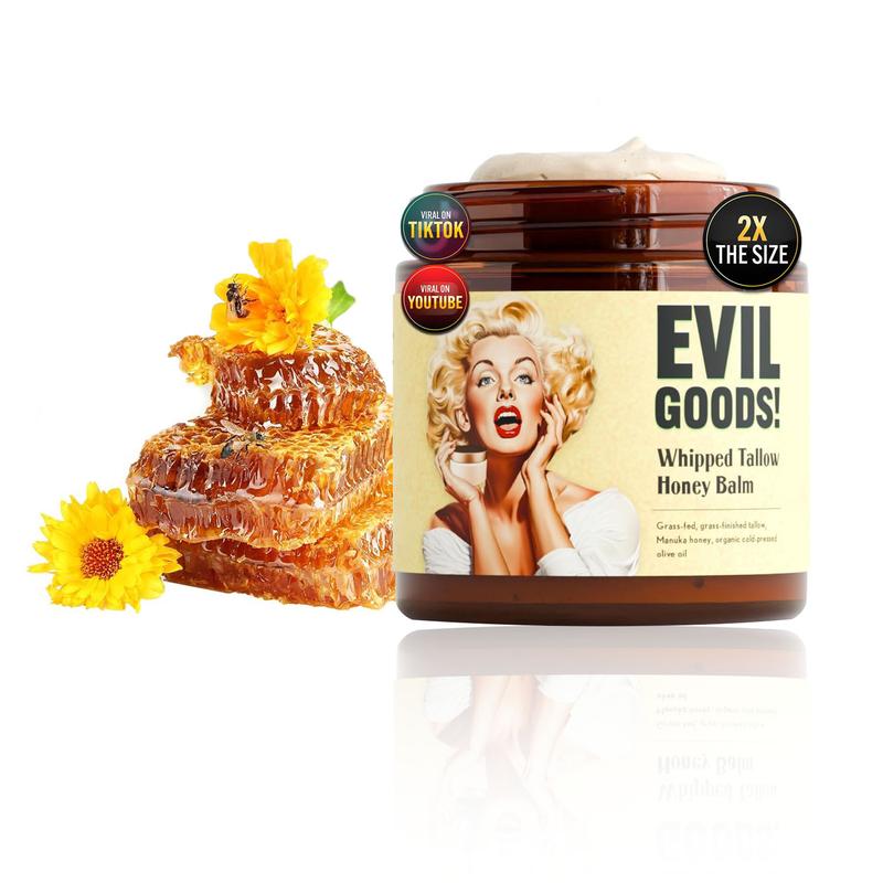 EVILGOODS Whipped Beef Tallow and Manuka Honey Balm, 4oz, Organic Face Cream, Moisturizer, Body Lotion, Skin Care and Lip Balm